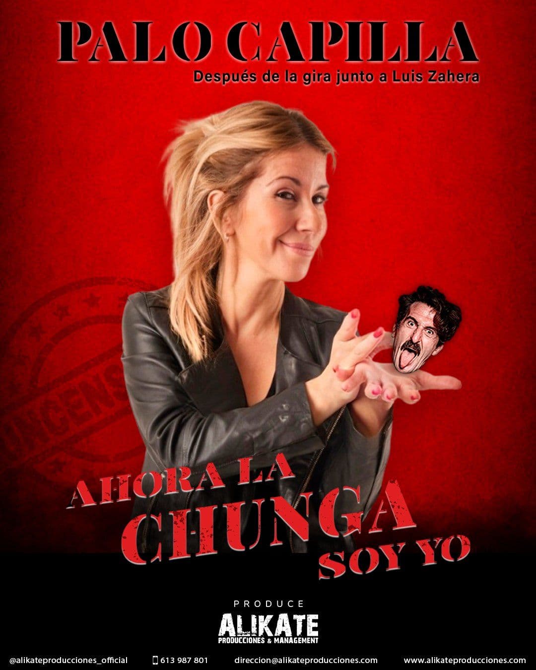 Cartel de Ahora la chunga soy yo de Palo Capilla, sobre fondo rojo, después de la gira junto a Luis Zahera